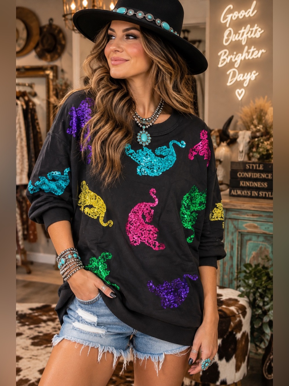 Fantastic Fawn Black Multicolor Sequin Leopard Oversized Sweatshirt M